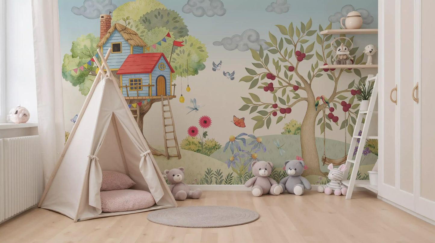 Whimsical Treehouse Garden Adventure Wall Mural