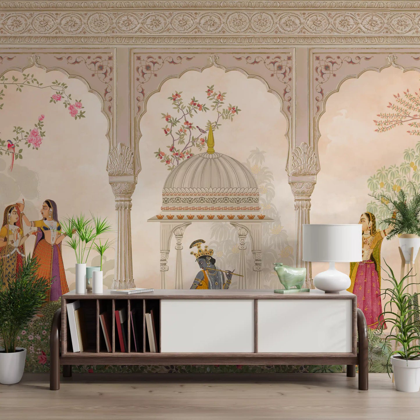 Krishna and Gopis Traditional Indian Court Scene Wall Mural