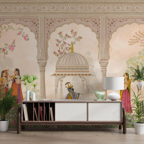 Krishna and Gopis Traditional Indian Court Scene Wall Mural