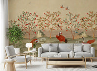 Crimson Cranes in Pomegranate Grove Wall Mural