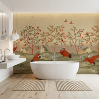Crimson Cranes in Pomegranate Grove Wall Mural