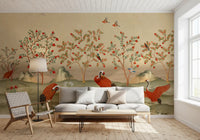 Crimson Cranes in Pomegranate Grove Wall Mural