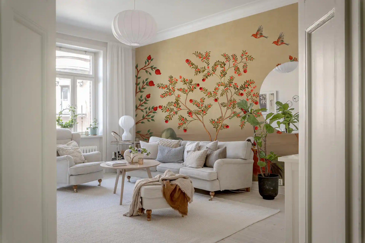 Crimson Cranes in Pomegranate Grove Wall Mural