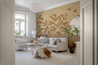 Crimson Cranes in Pomegranate Grove Wall Mural