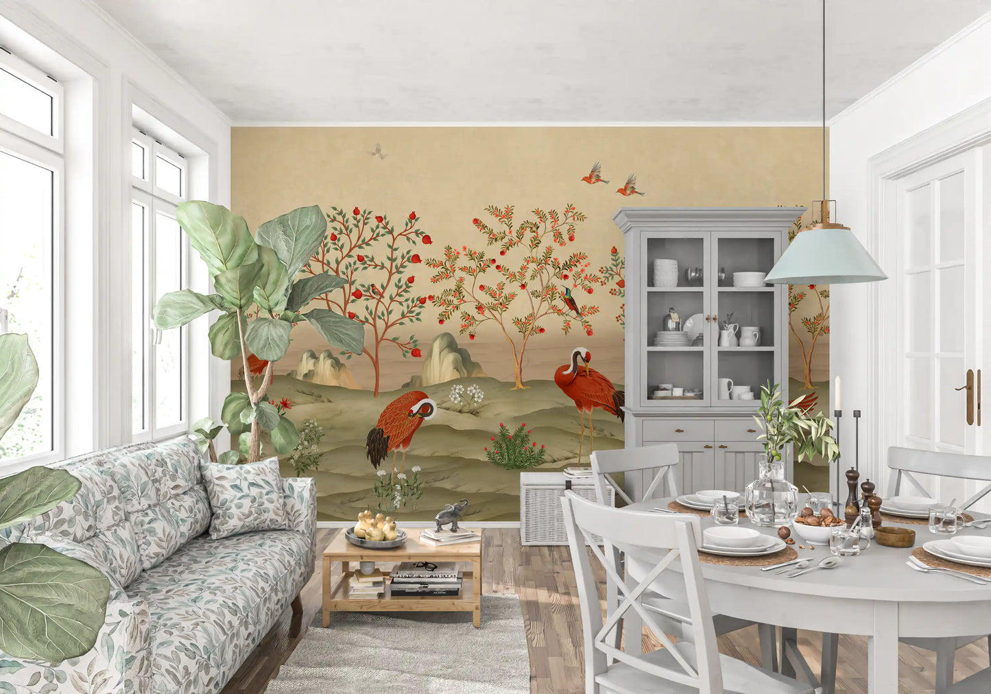 Crimson Cranes in Pomegranate Grove Wall Mural
