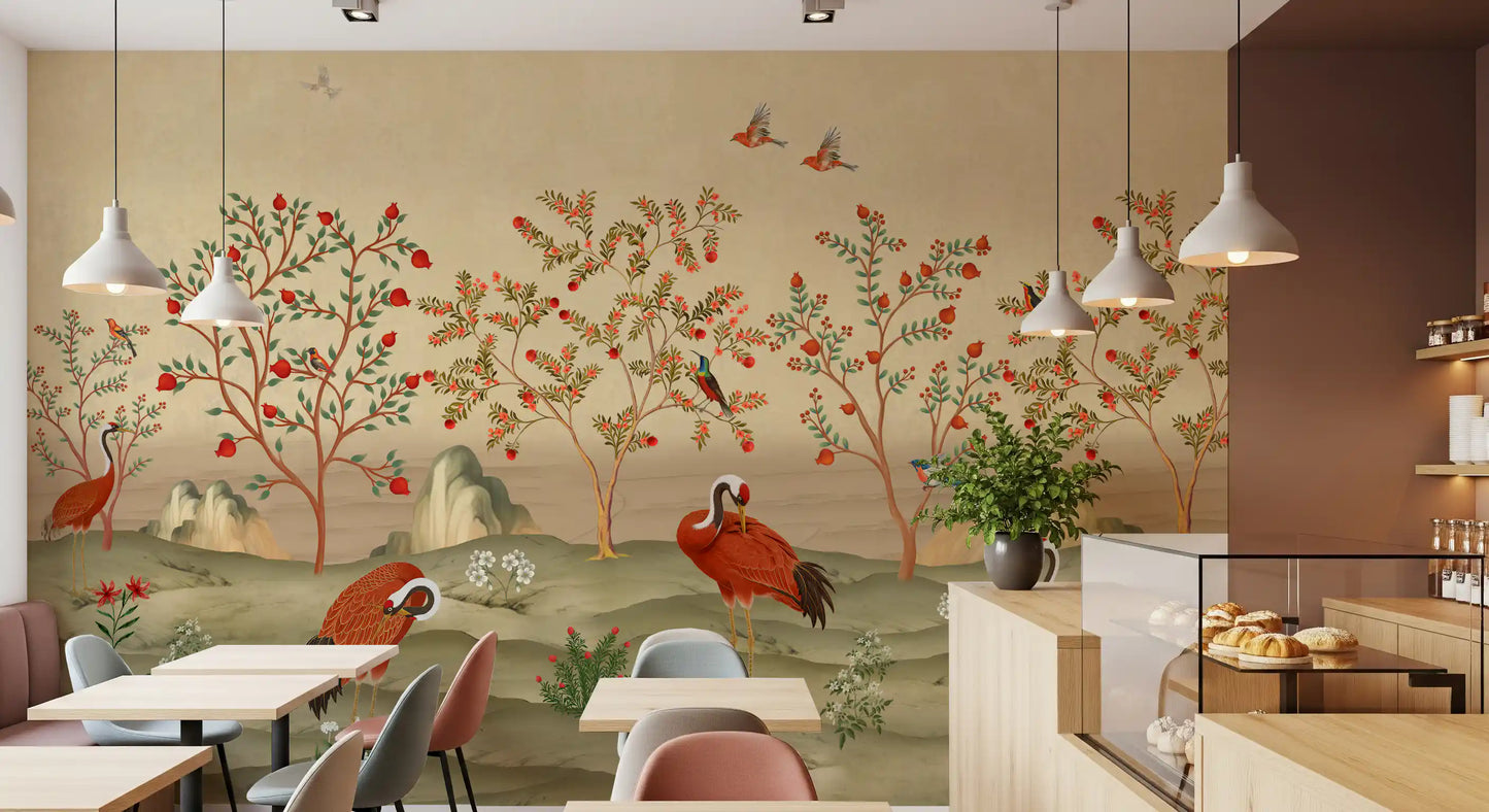Crimson Cranes in Pomegranate Grove Wall Mural