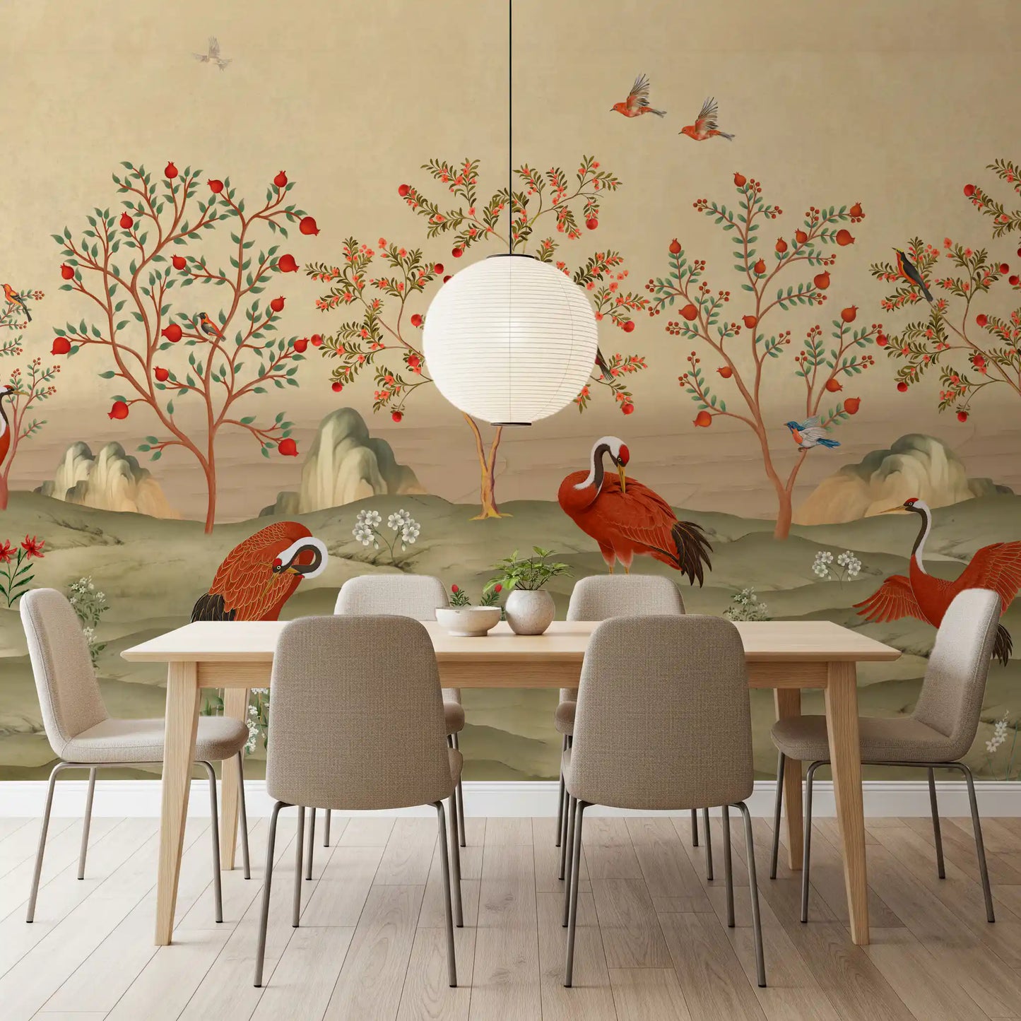 Crimson Cranes in Pomegranate Grove Wall Mural