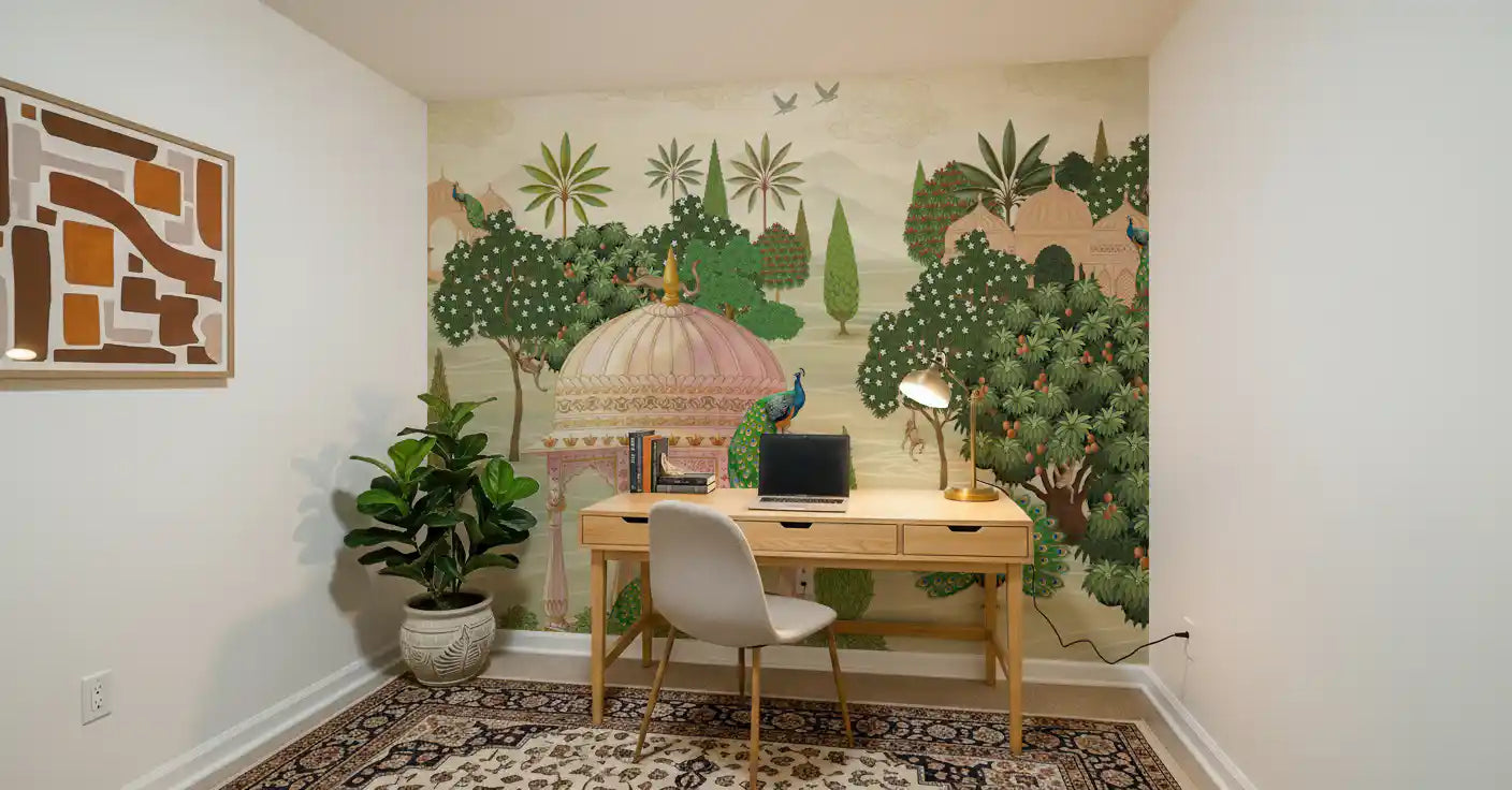 Royal Garden Peacocks and Temples Wall Mural