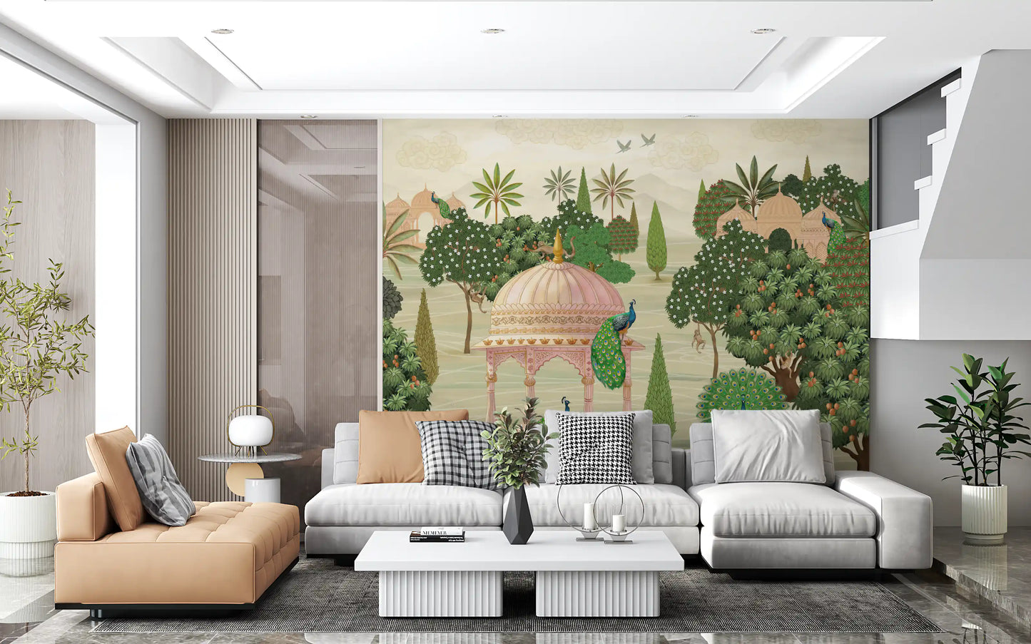 Royal Garden Peacocks and Temples Wall Mural