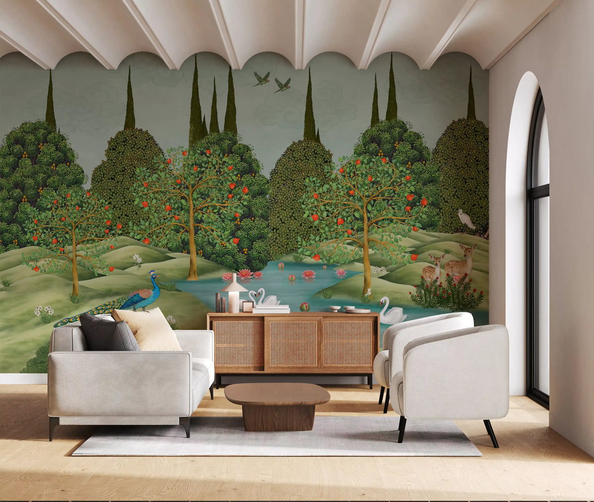Lush garden greenery wraps a living room in this Enchanted Wildlife wall mural GD12202
