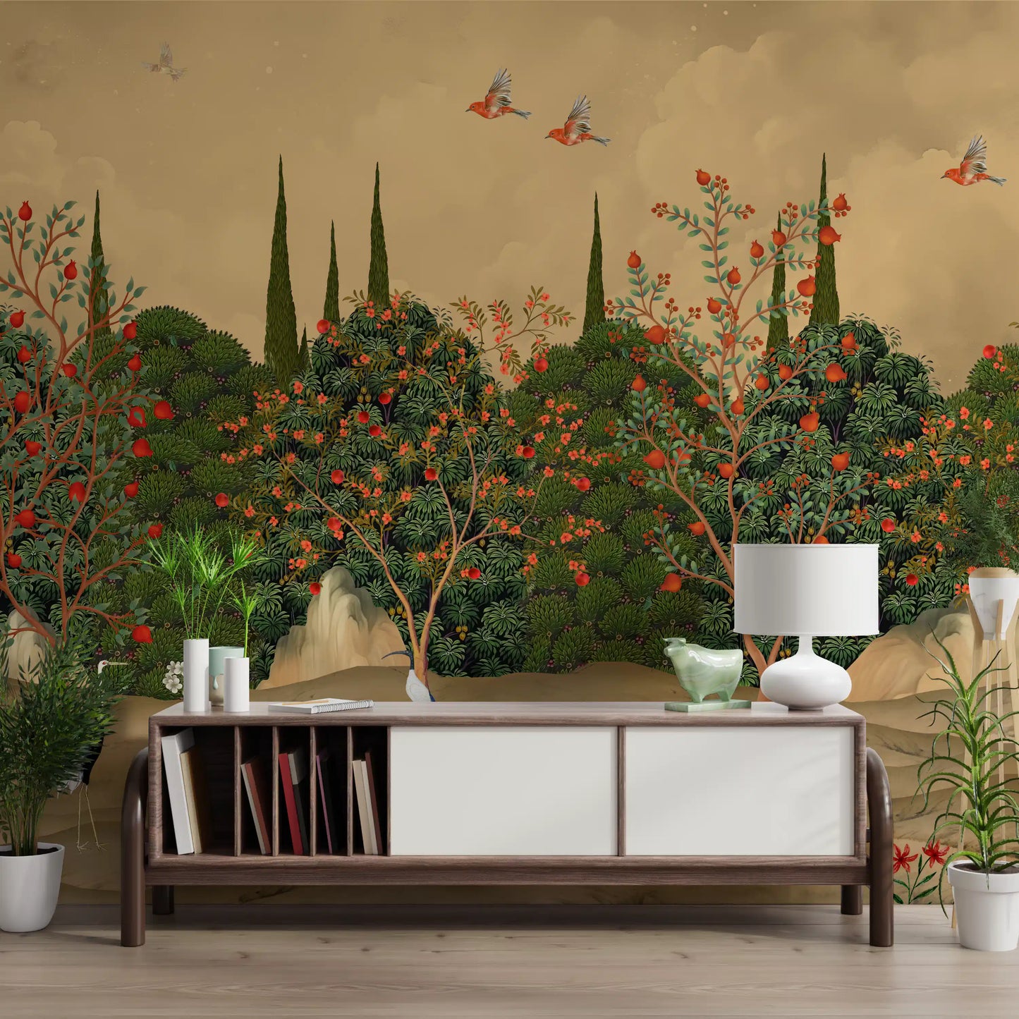 Botanical Pomegranate Orchard Illustration Wall Mural