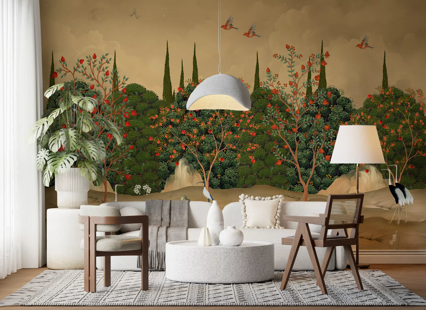 Botanical Pomegranate Orchard Illustration Wall Mural