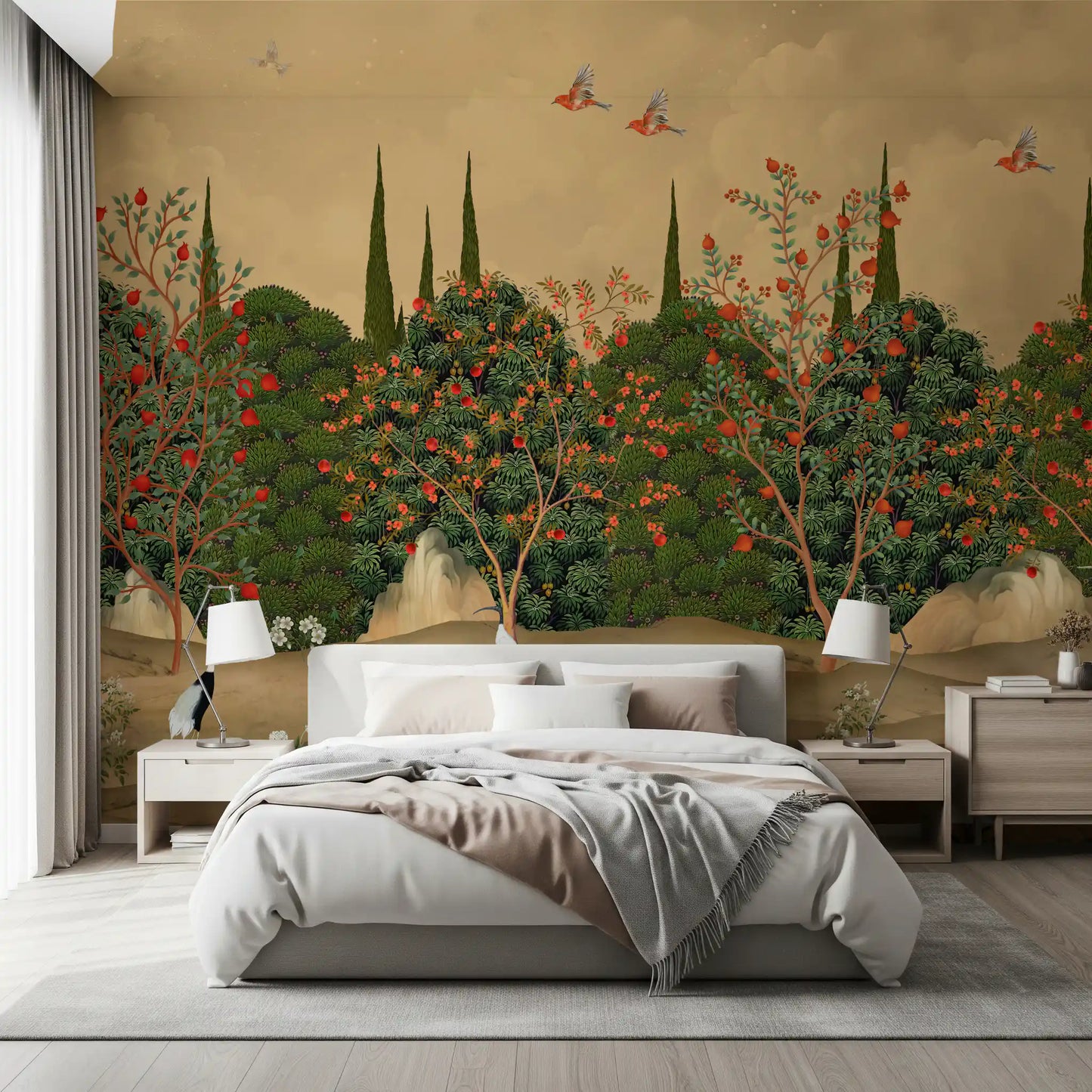Botanical Pomegranate Orchard Illustration Wall Mural