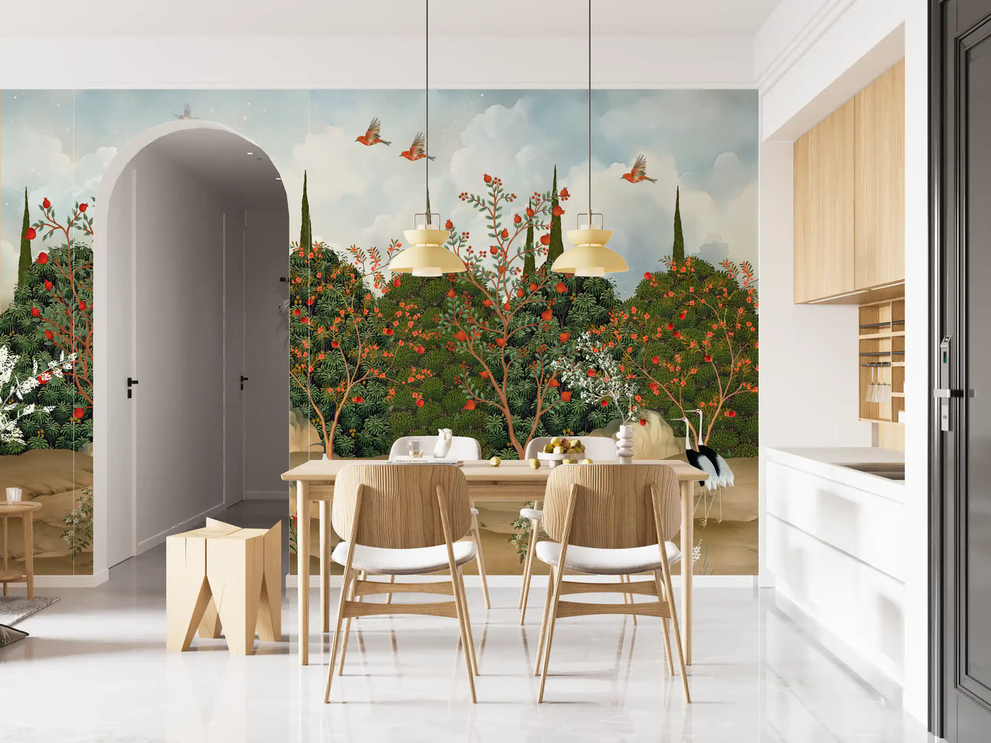 Orchard of Cranes and Pomegranates Wall Mural