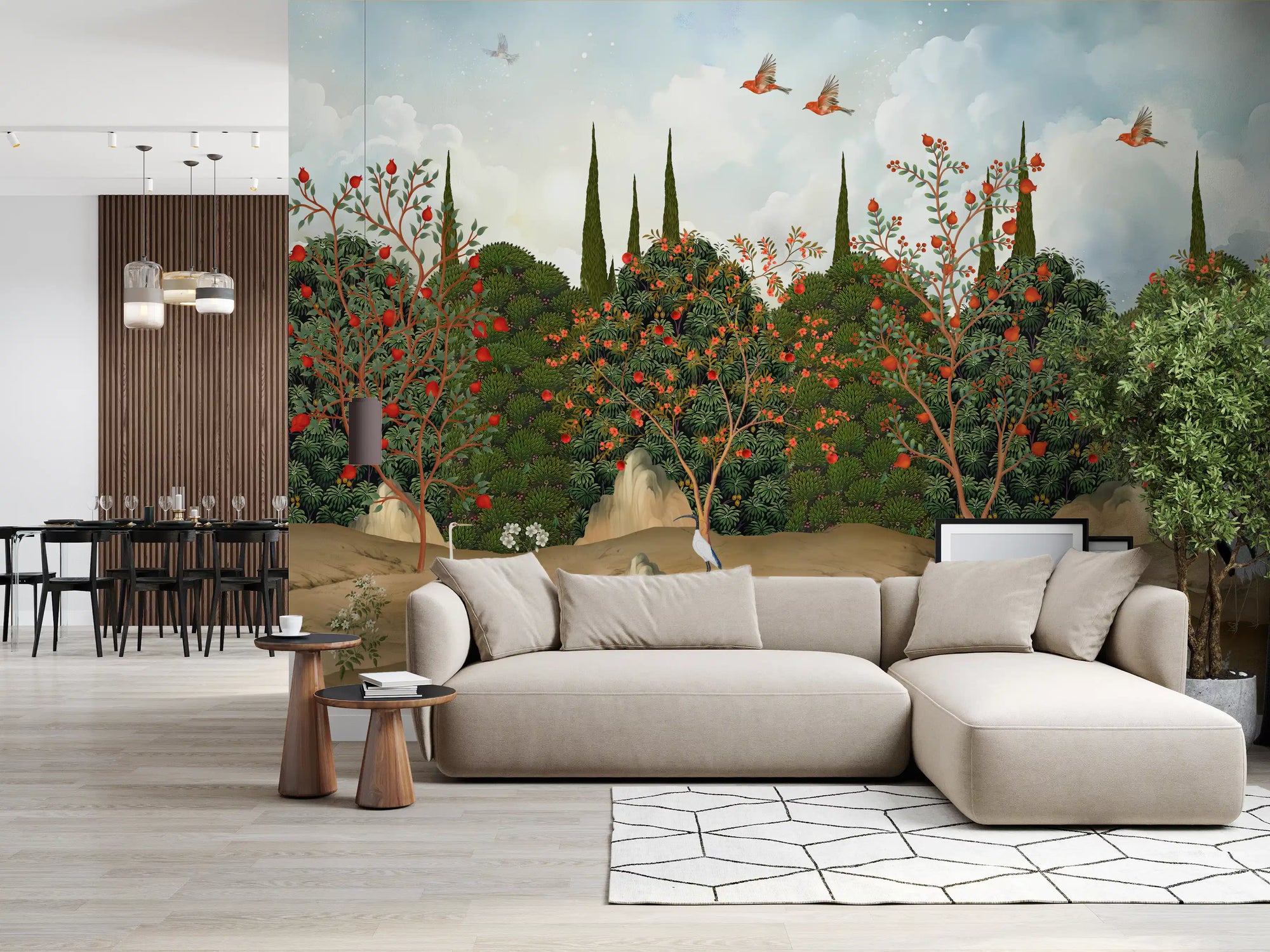 Living room framed by the crane and pomegranate orchard wall mural GD12204
