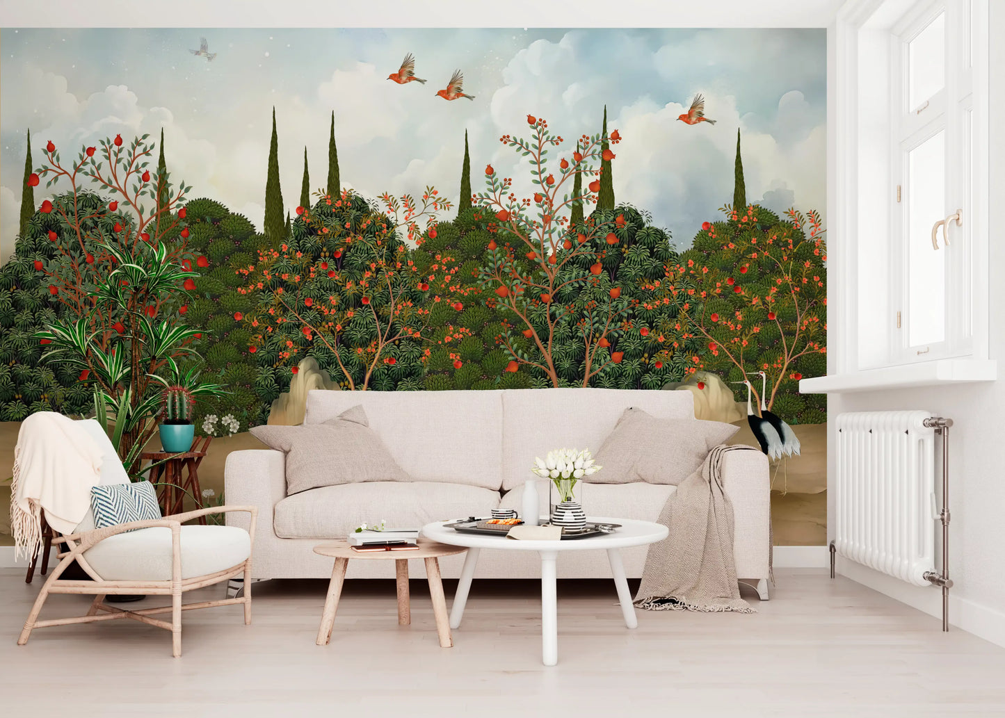 Orchard of Cranes and Pomegranates Wall Mural