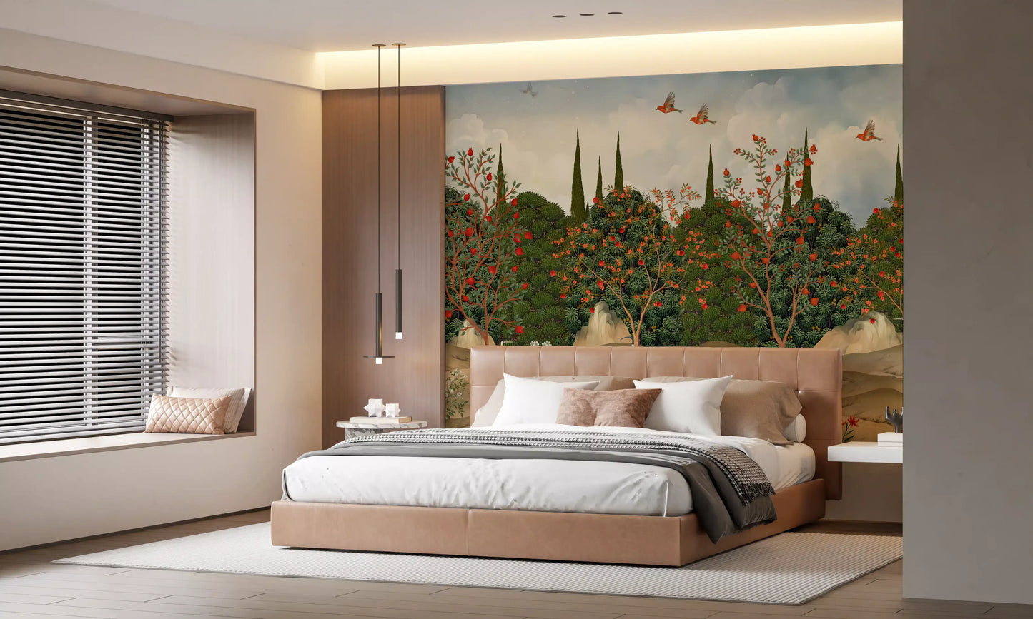 Orchard of Cranes and Pomegranates Wall Mural