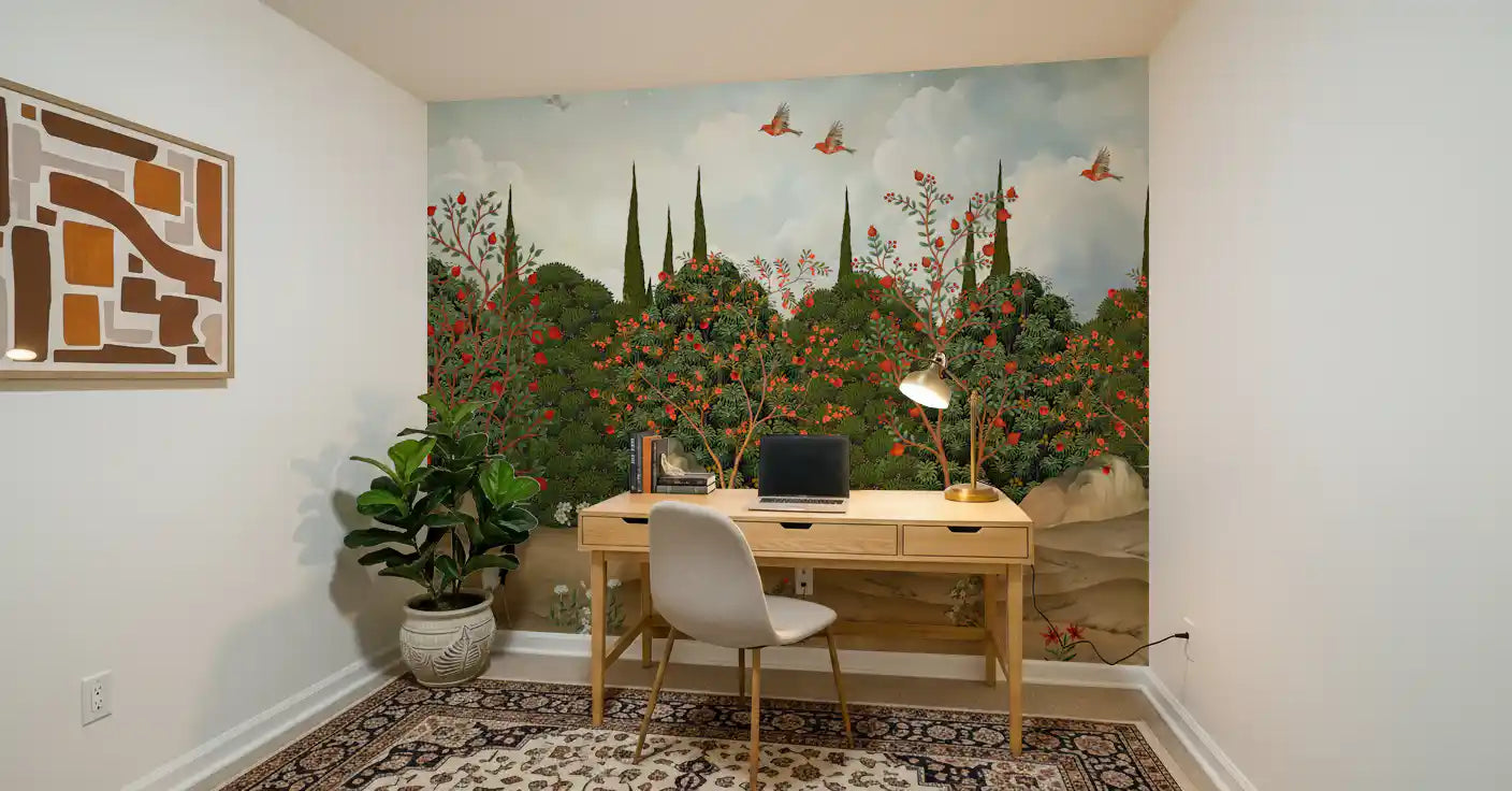 Orchard of Cranes and Pomegranates Wall Mural