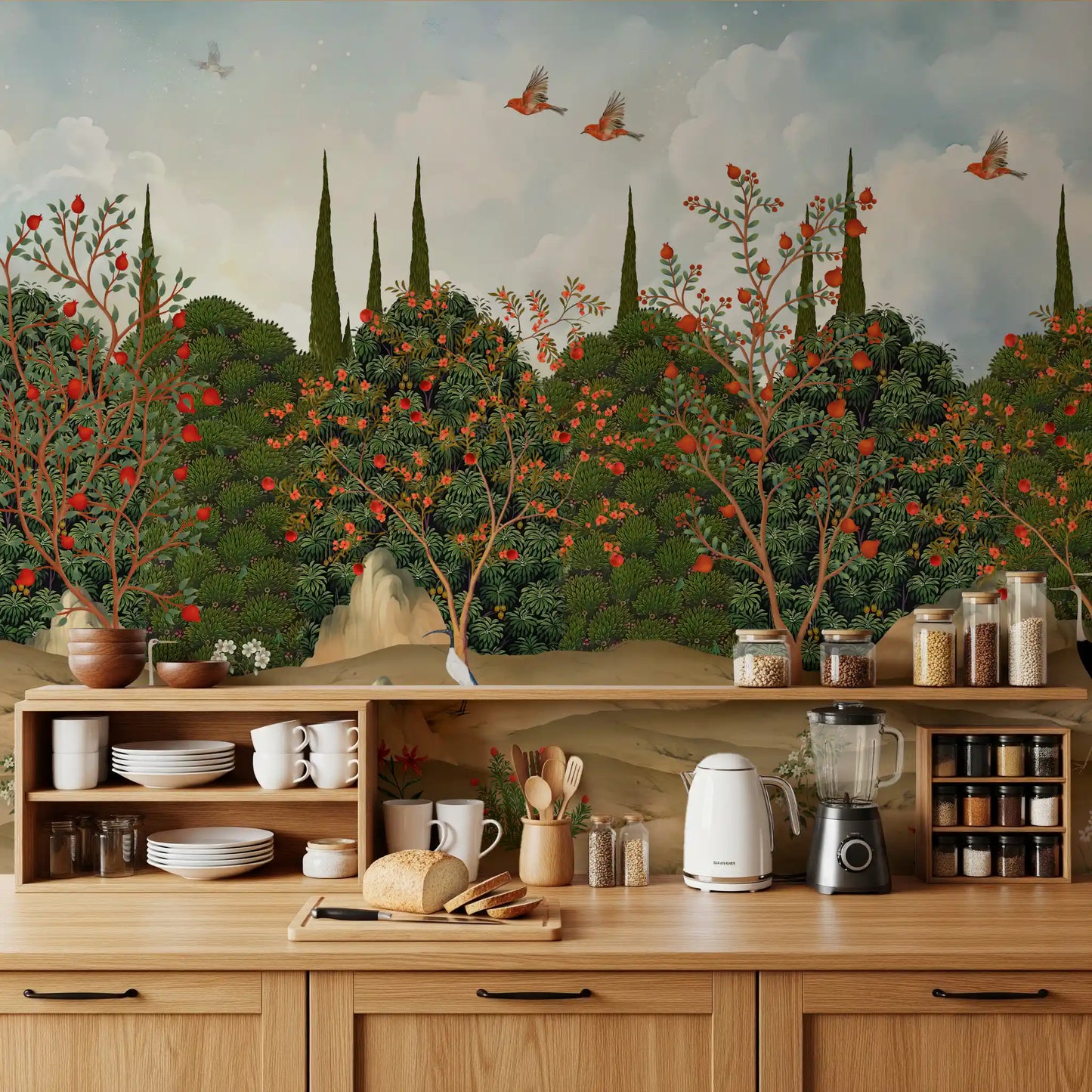 Orchard of Cranes and Pomegranates Wall Mural