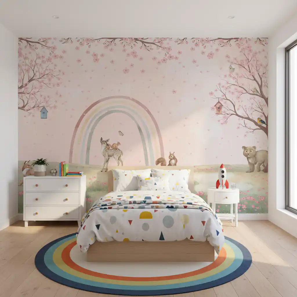 Whimsical Forest Friends with Soft Rainbow Wall Mural