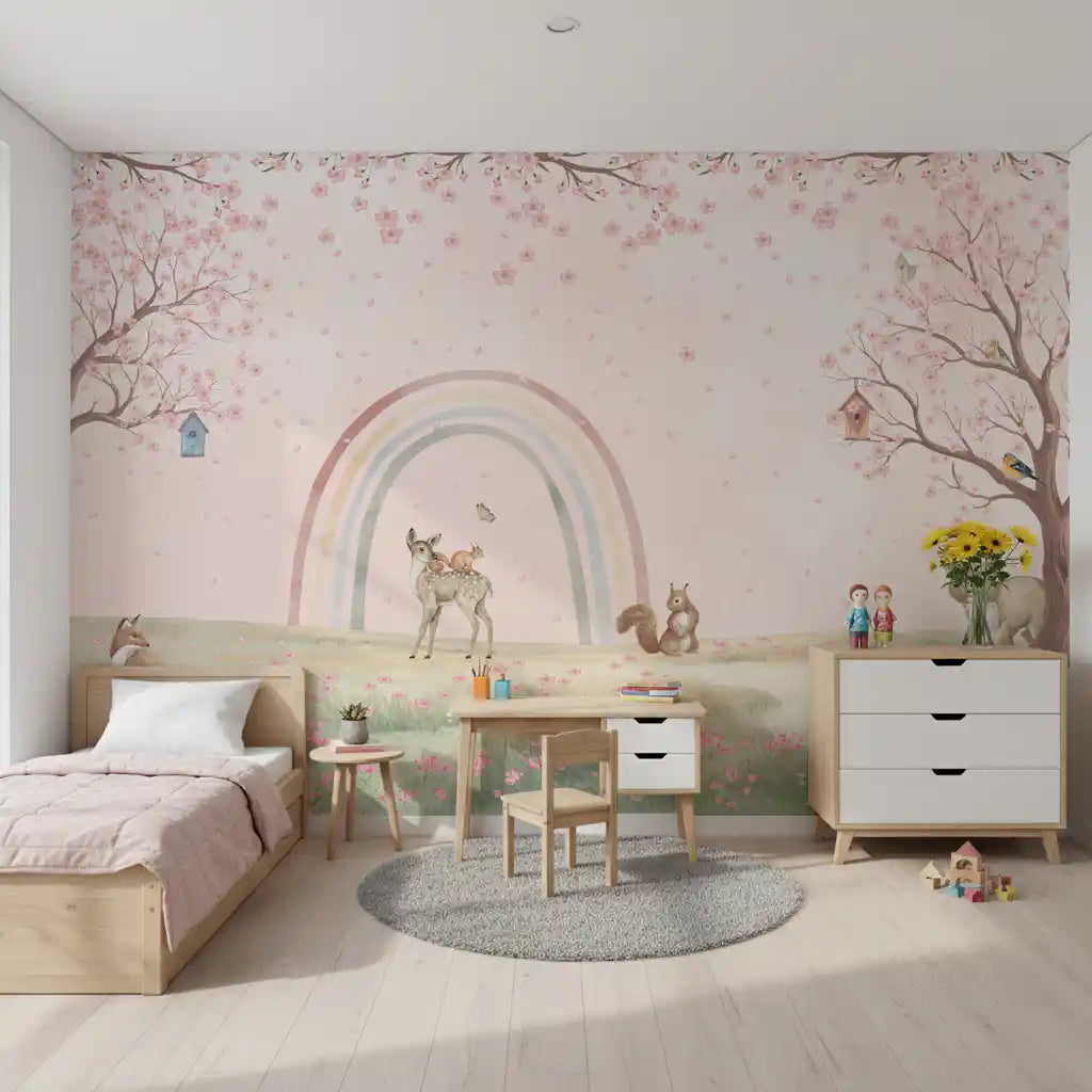 Whimsical Forest Friends with Soft Rainbow Wall Mural
