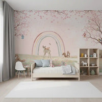 Whimsical Forest Friends with Soft Rainbow Wall Mural