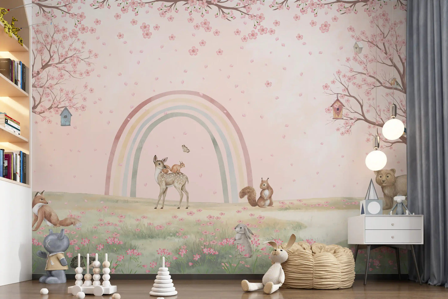 Whimsical Forest Friends with Soft Rainbow Wall Mural
