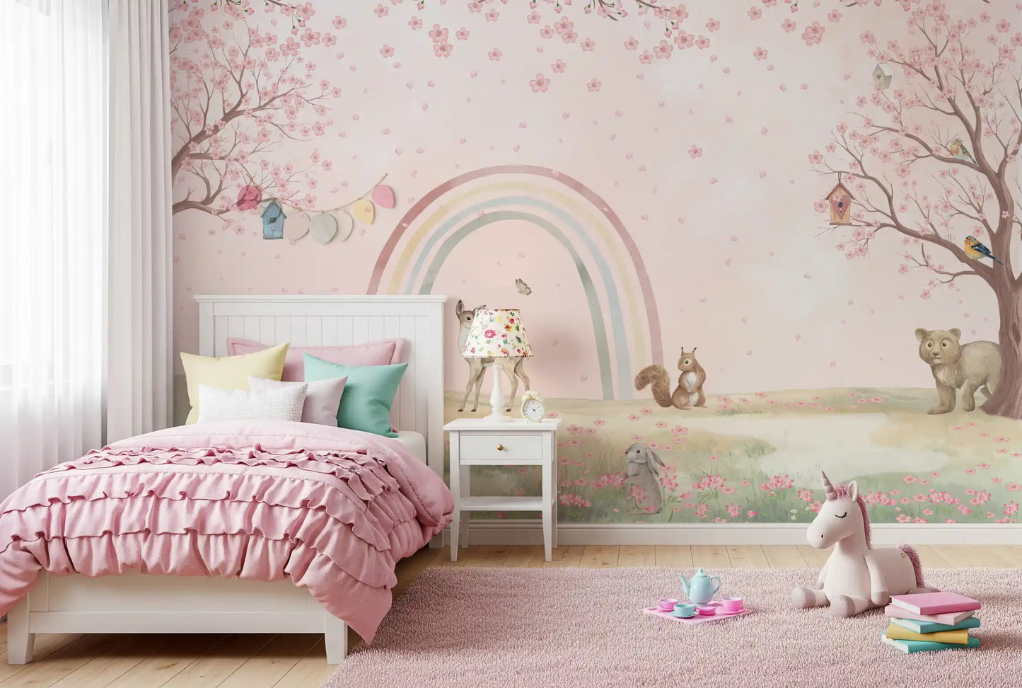 Whimsical Forest Friends with Soft Rainbow Wall Mural