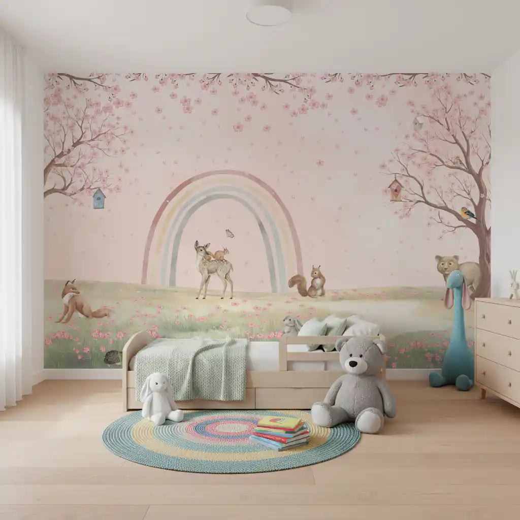 Whimsical Forest Friends with Soft Rainbow Wall Mural