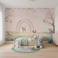 Whimsical Forest Friends with Soft Rainbow Wall Mural