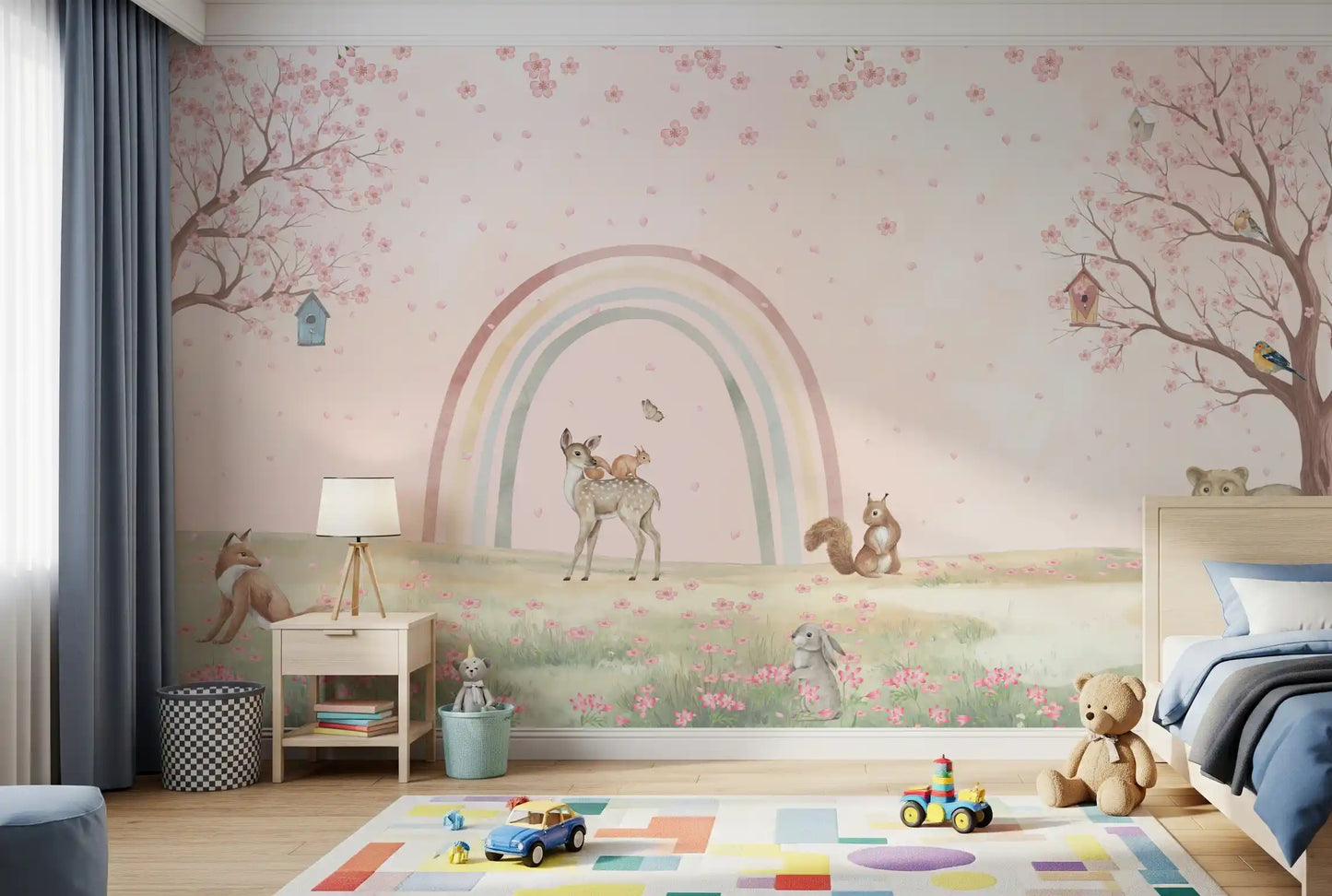 Whimsical Forest Friends with Soft Rainbow Wall Mural