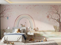 Whimsical Forest Friends with Soft Rainbow Wall Mural