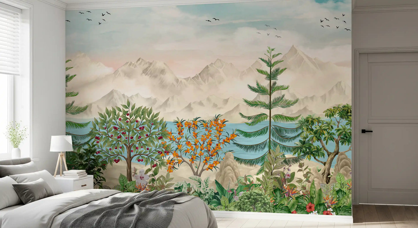 Serene Mountain Orchard Vista Wall Mural