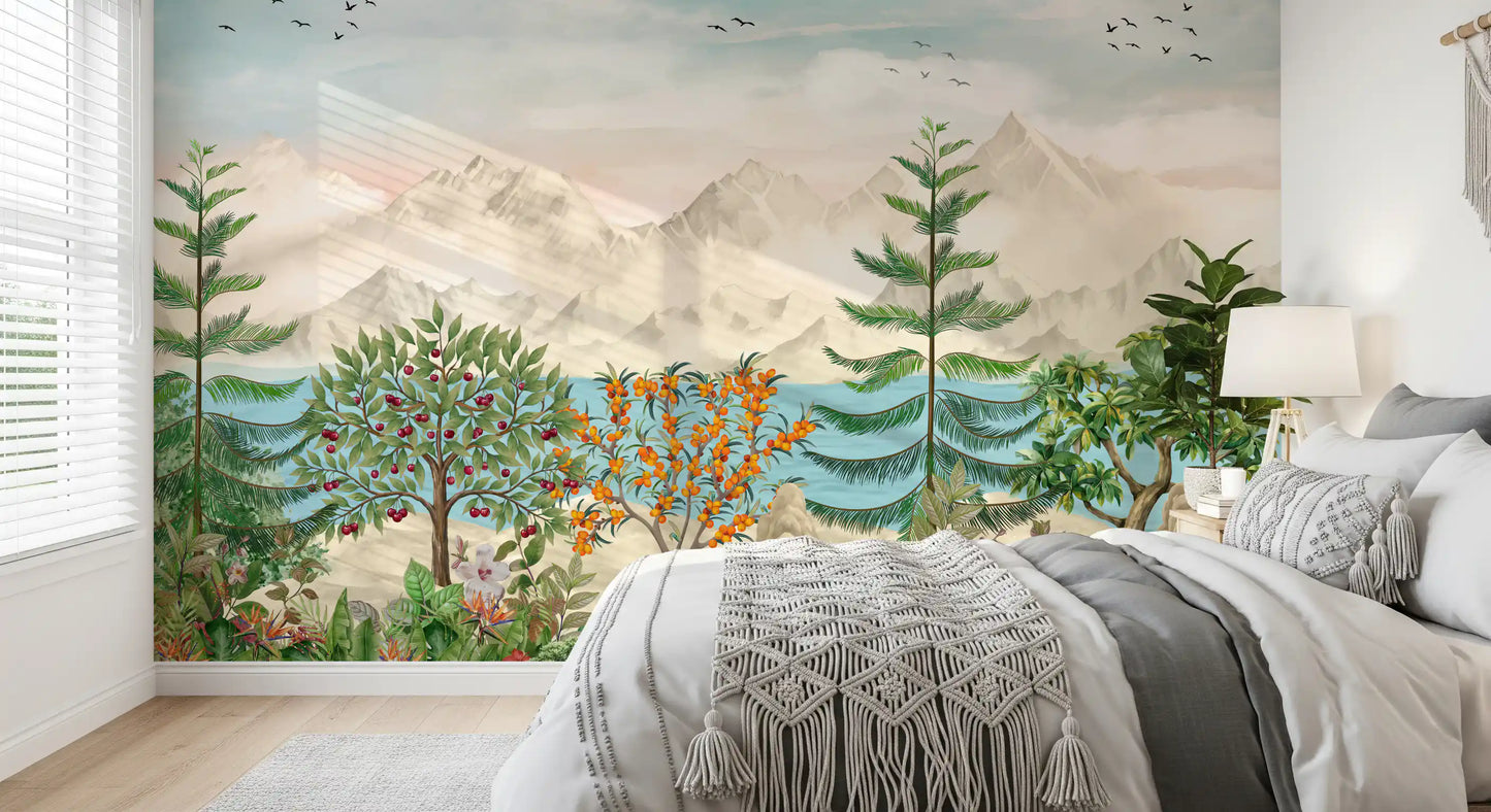 Serene Mountain Orchard Vista Wall Mural