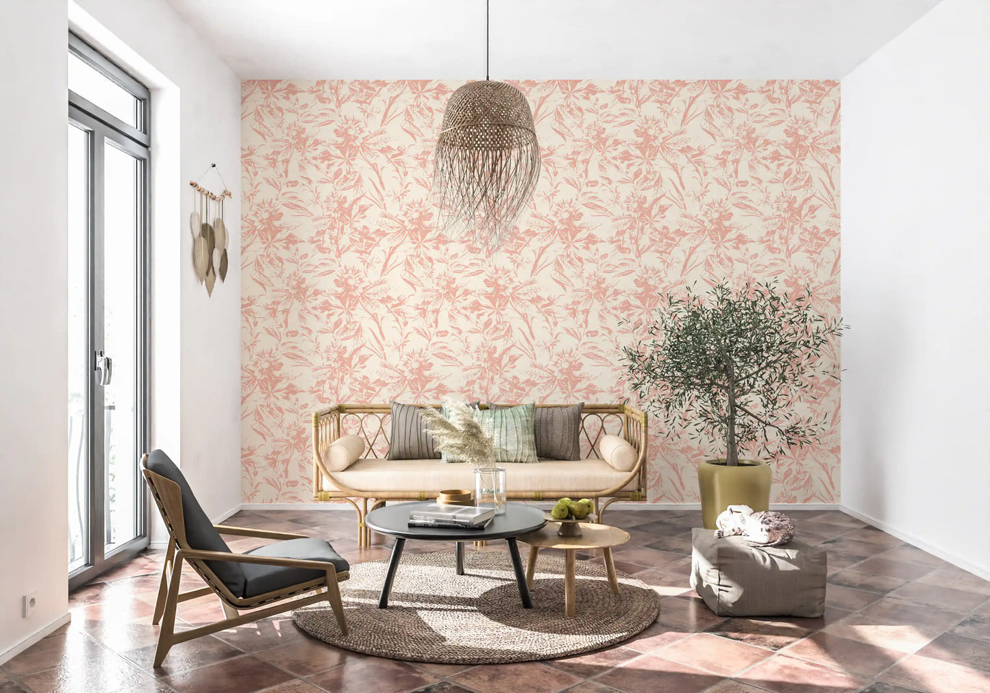 Soft Blush Botanical Sketch Wallpaper⁠