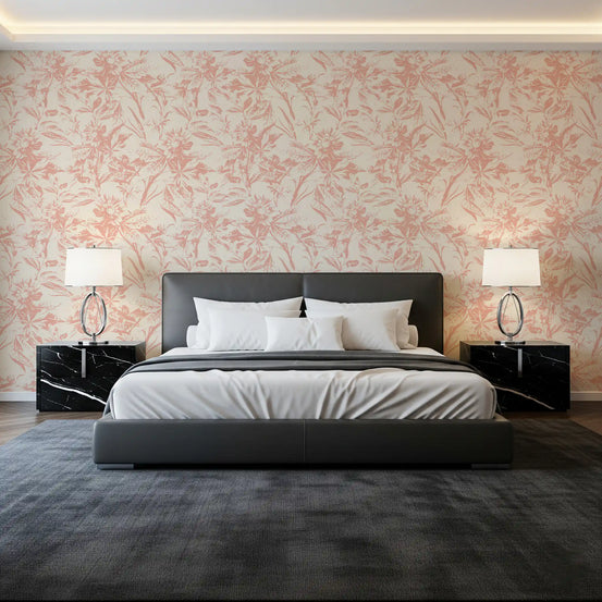 Etched blush florals fill a bedroom in the Blush Botanical Sketch wallpaper. GD12217