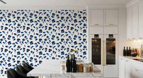 Kitchen strewn with the indigo botanical meadow wallpaper GD12218