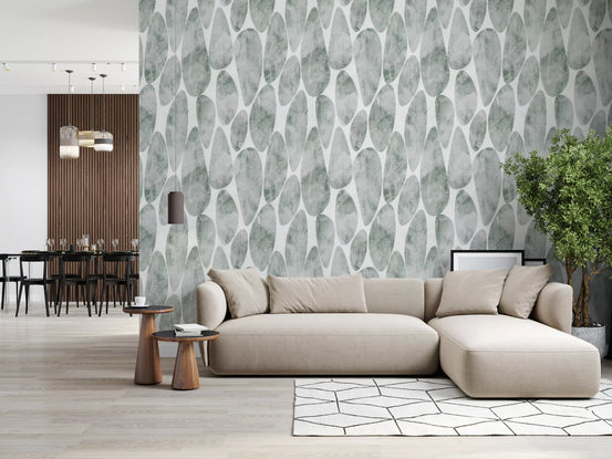 Sage leaf texture fills a living room, Muted Sage Pebbled wallpaper. GD12219