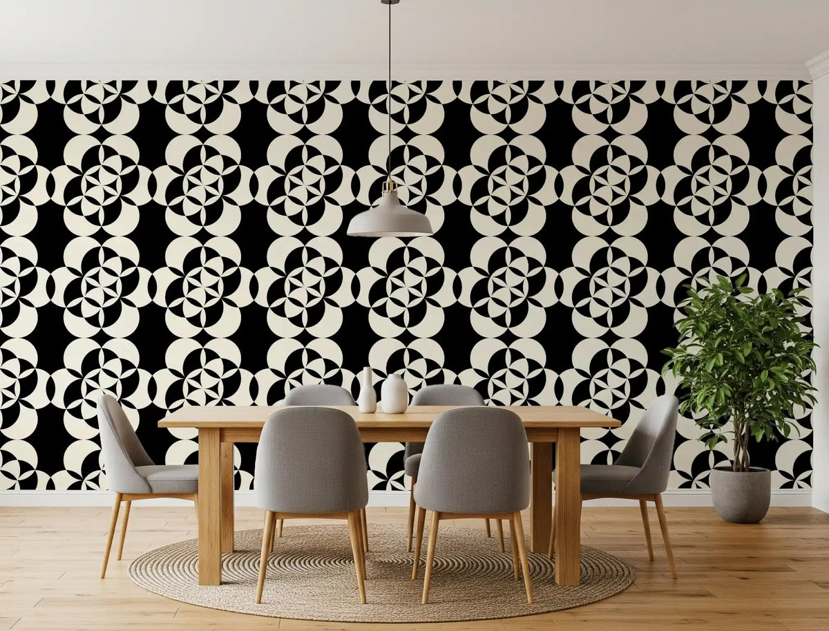 Monotone circle grid wallpaper wrapping a bold dining room GD12224