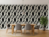 Monotone circle grid wallpaper wrapping a bold dining room GD12224