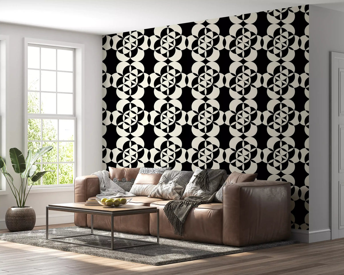 Living room ringed with the circular grid wallpaper GD12224