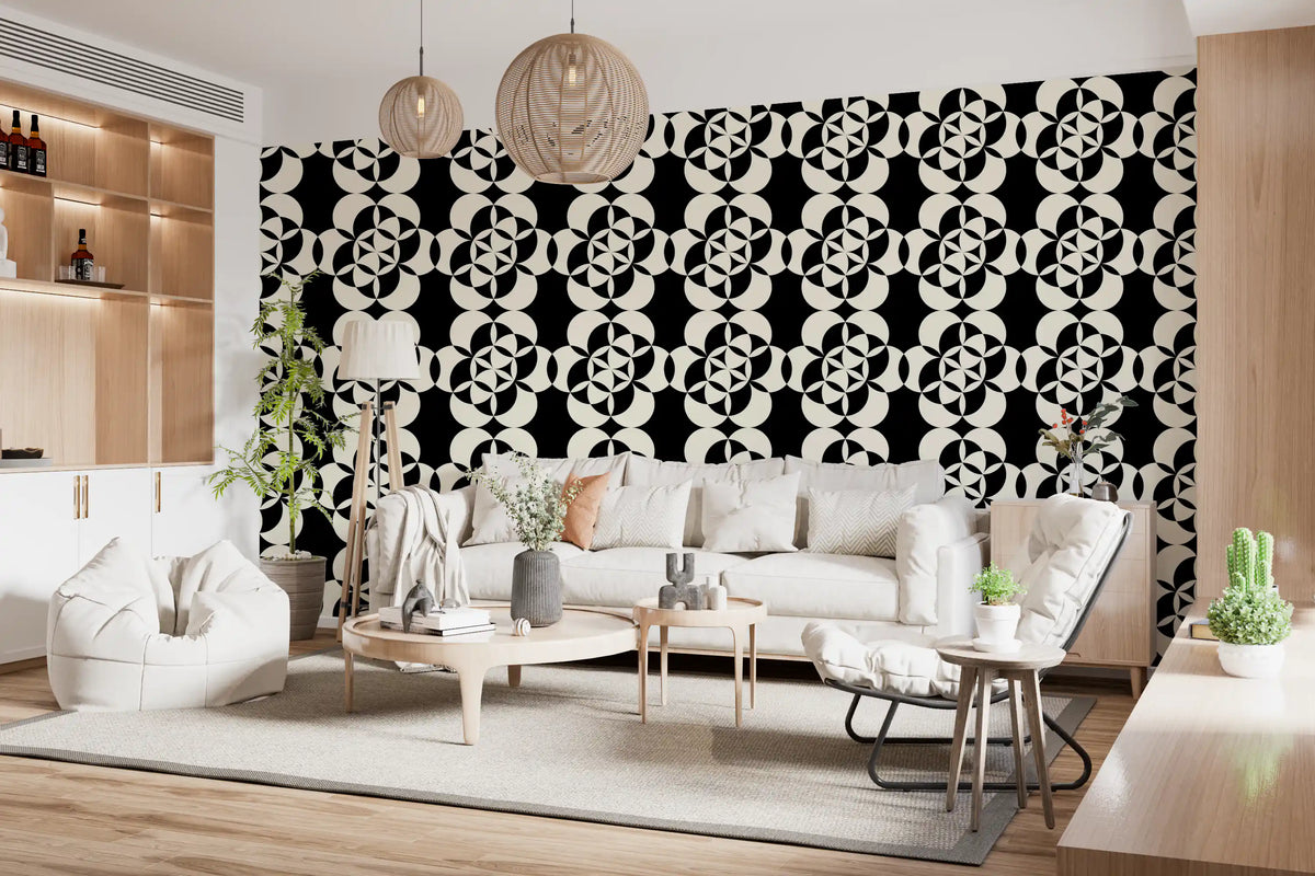 Living room tiled with the graphic circle grid wallpaper GD12224