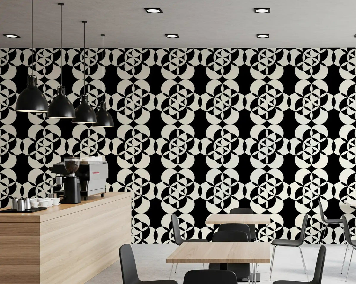 Pinwheel motifs repeat in a bold circle grid wallpaper GD12224