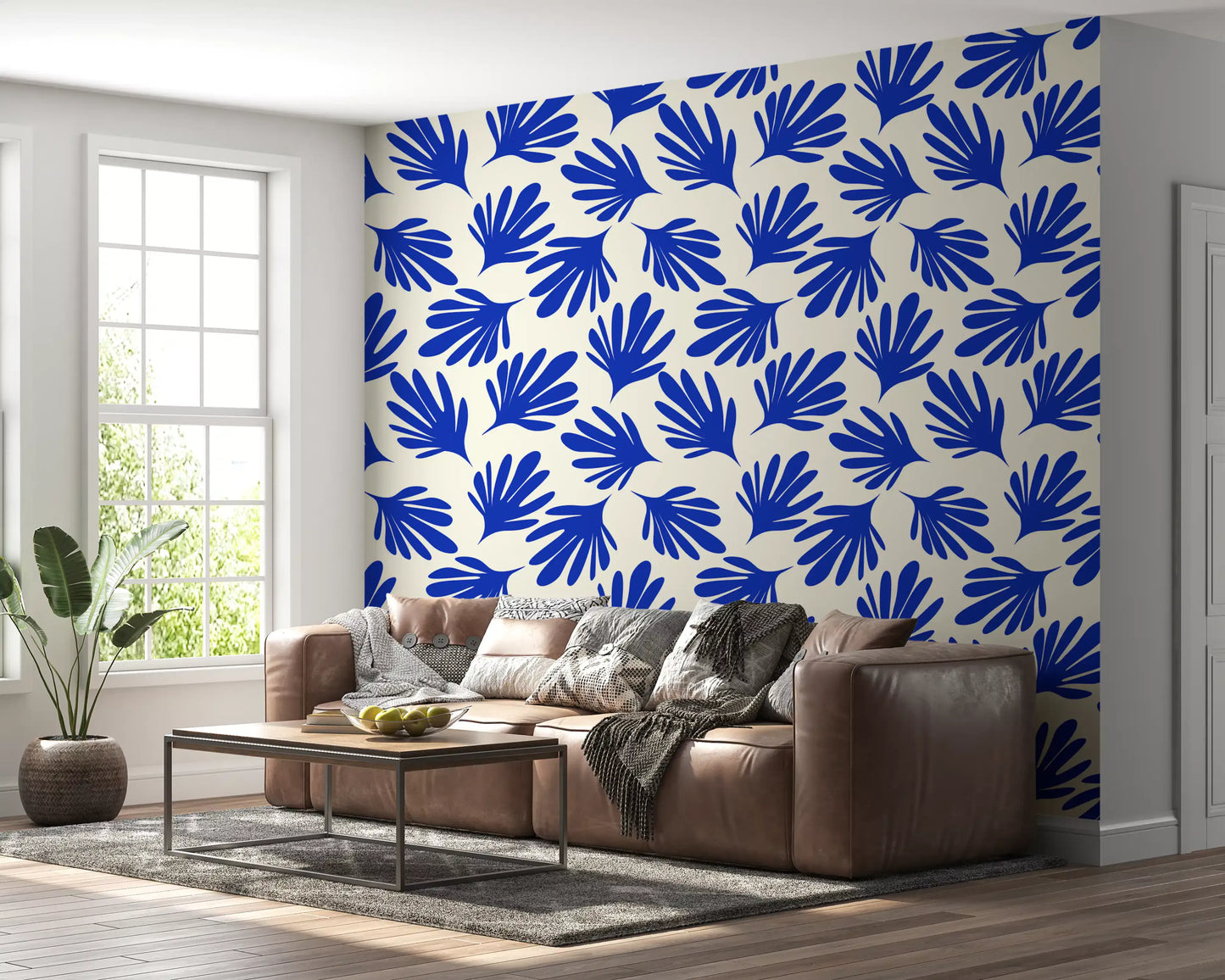 Bold Cobalt Leaf Silhouette Wallpaper⁠