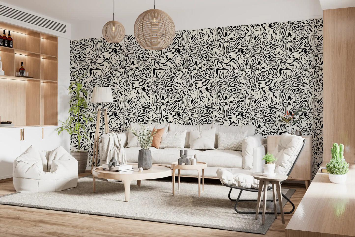 Black and White Fluid Marble Swirls Wallpaper⁠