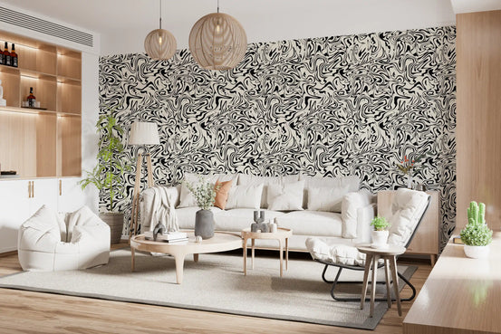Living room clad in the black and white marble swirls wallpaper GD12226