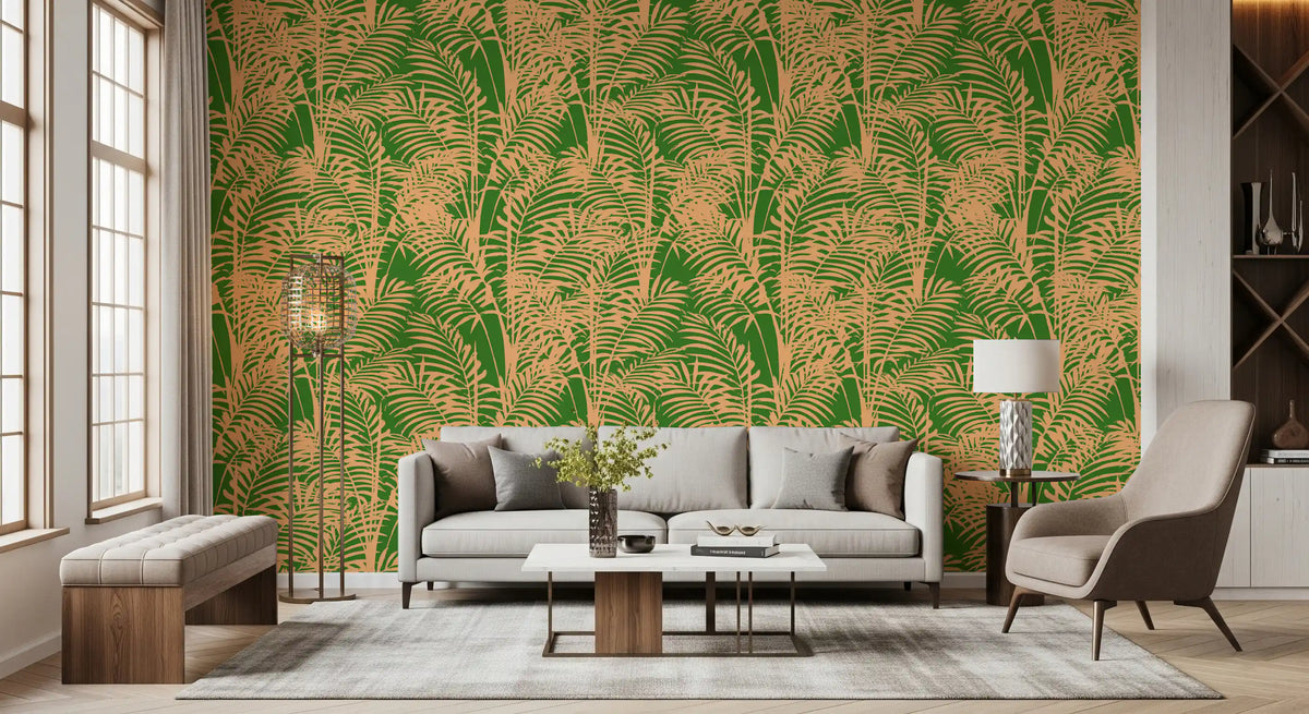 Living room draped in the abstract tropical palm frond wallpaper GD12228