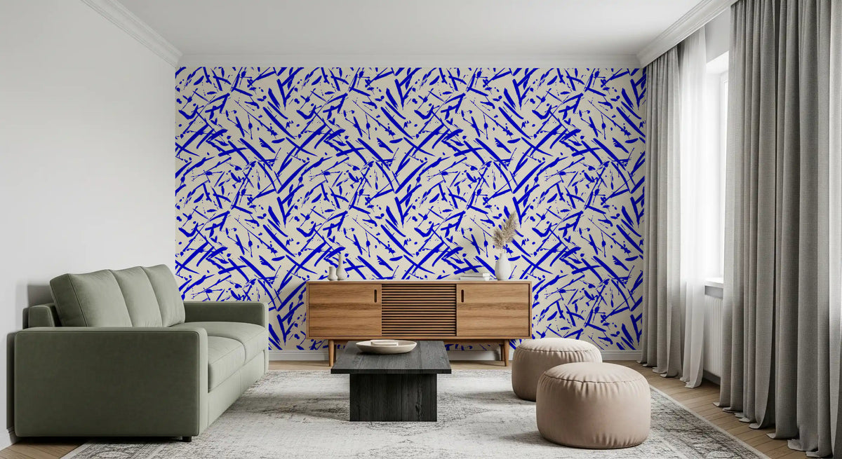 Bold blue scribbles fill a living space in the motion wallpaper GD12231