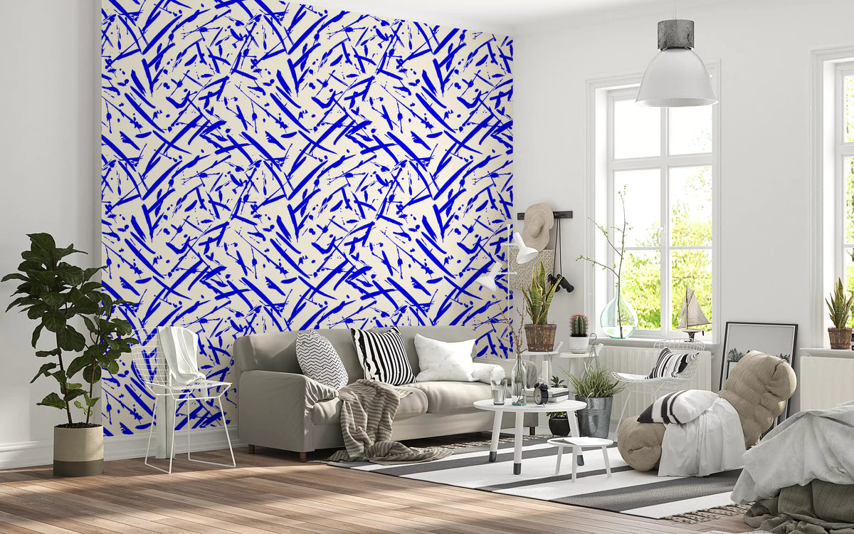 Blue strokes dash across a living room as abstract wallpaper GD12231
