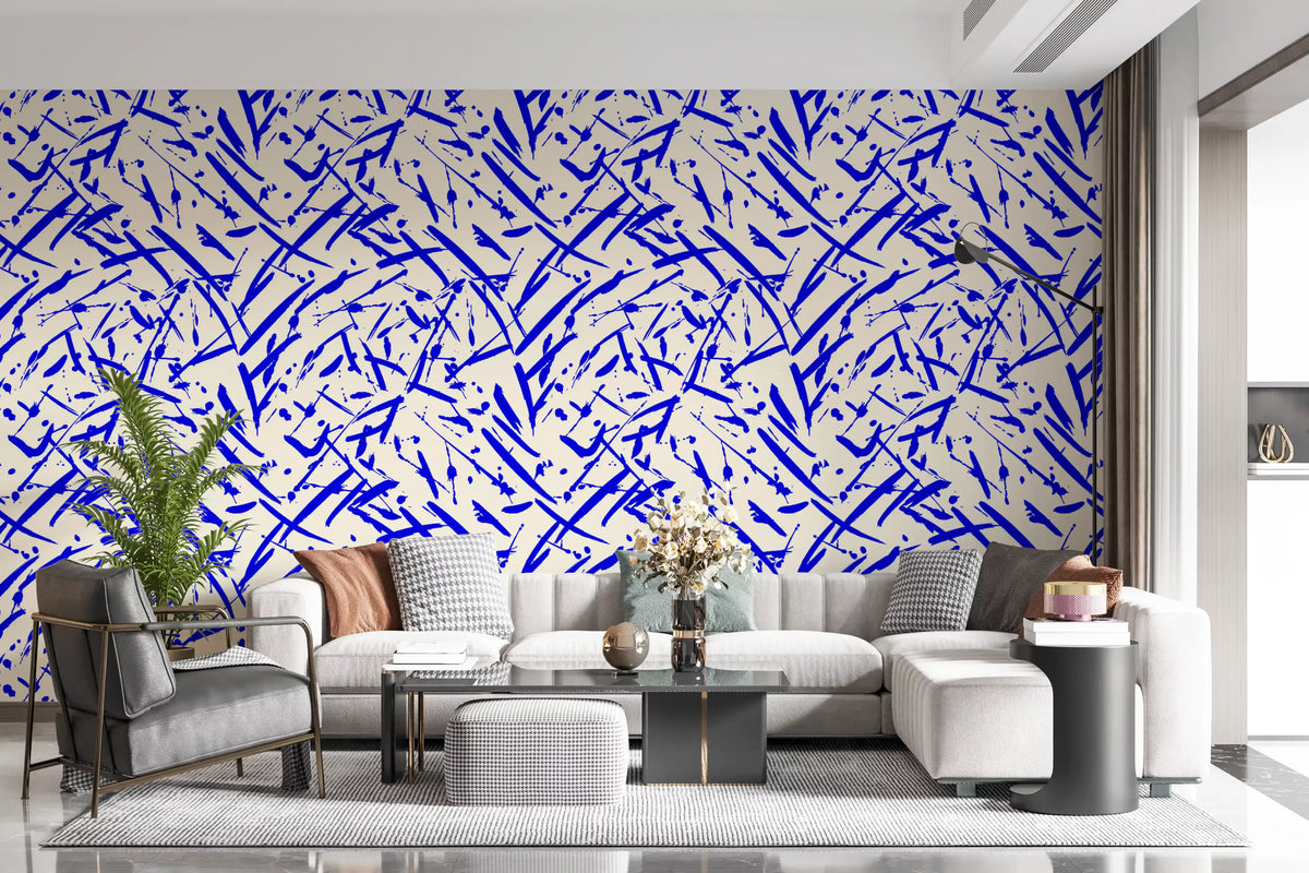 Energetic marks wrap a lounge and living room in the cobalt abstract wallpaper GD12231
